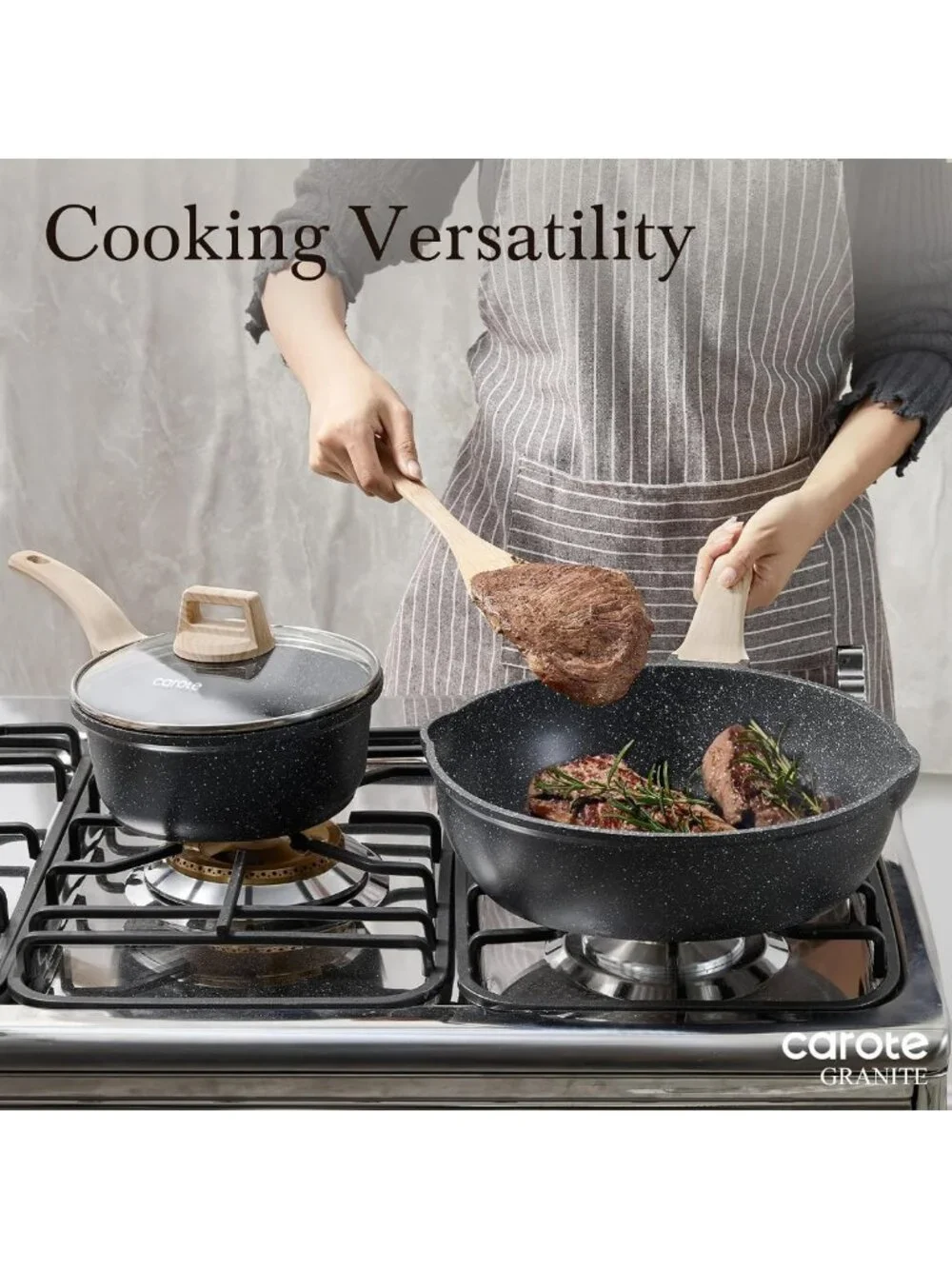 12-Inch Nonstick Deep Frying Pan with Lid, 5.5 Qt Black Granite Cookware